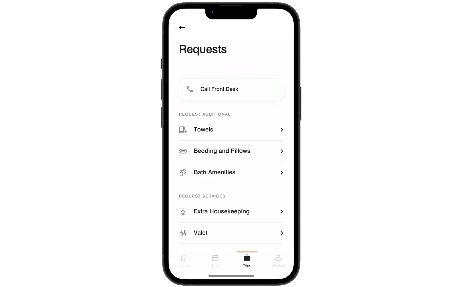Cozeep guest interface lists requests for towels, bedding, amenities and housekeeping.