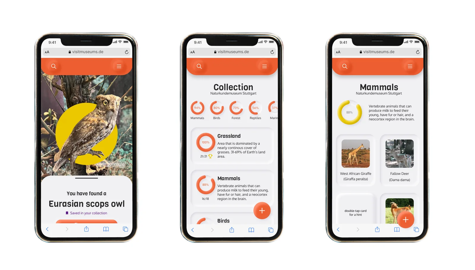 Explore screens show an animal scan and a saved collection of museum exhibits.