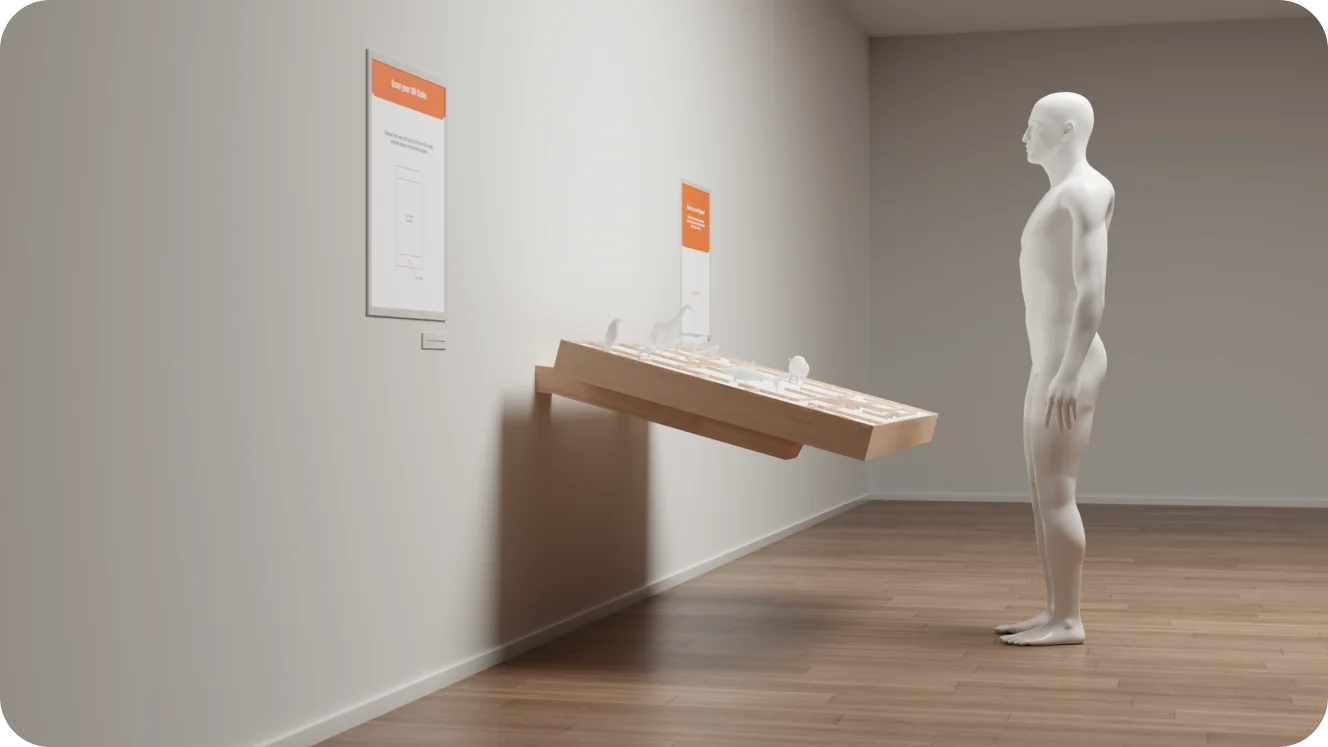 Render of a museum installation with a table map and an adjacent information screen.