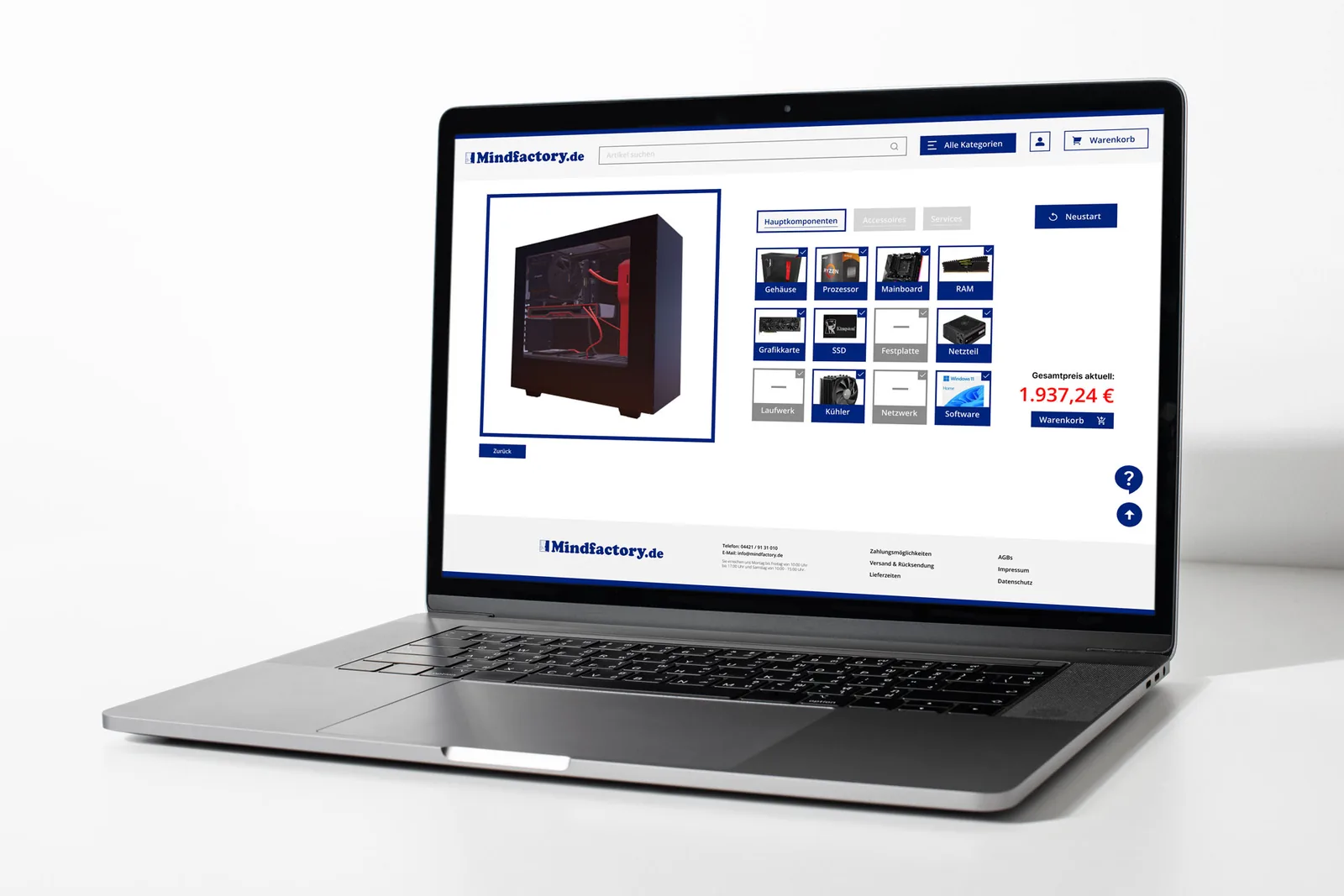 Laptop mock-up displaying the redesigned Mindfactory PC configurator.