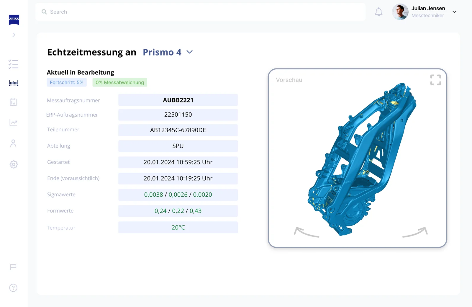 ZeissMeasure live measurement interface with a part model and status values.