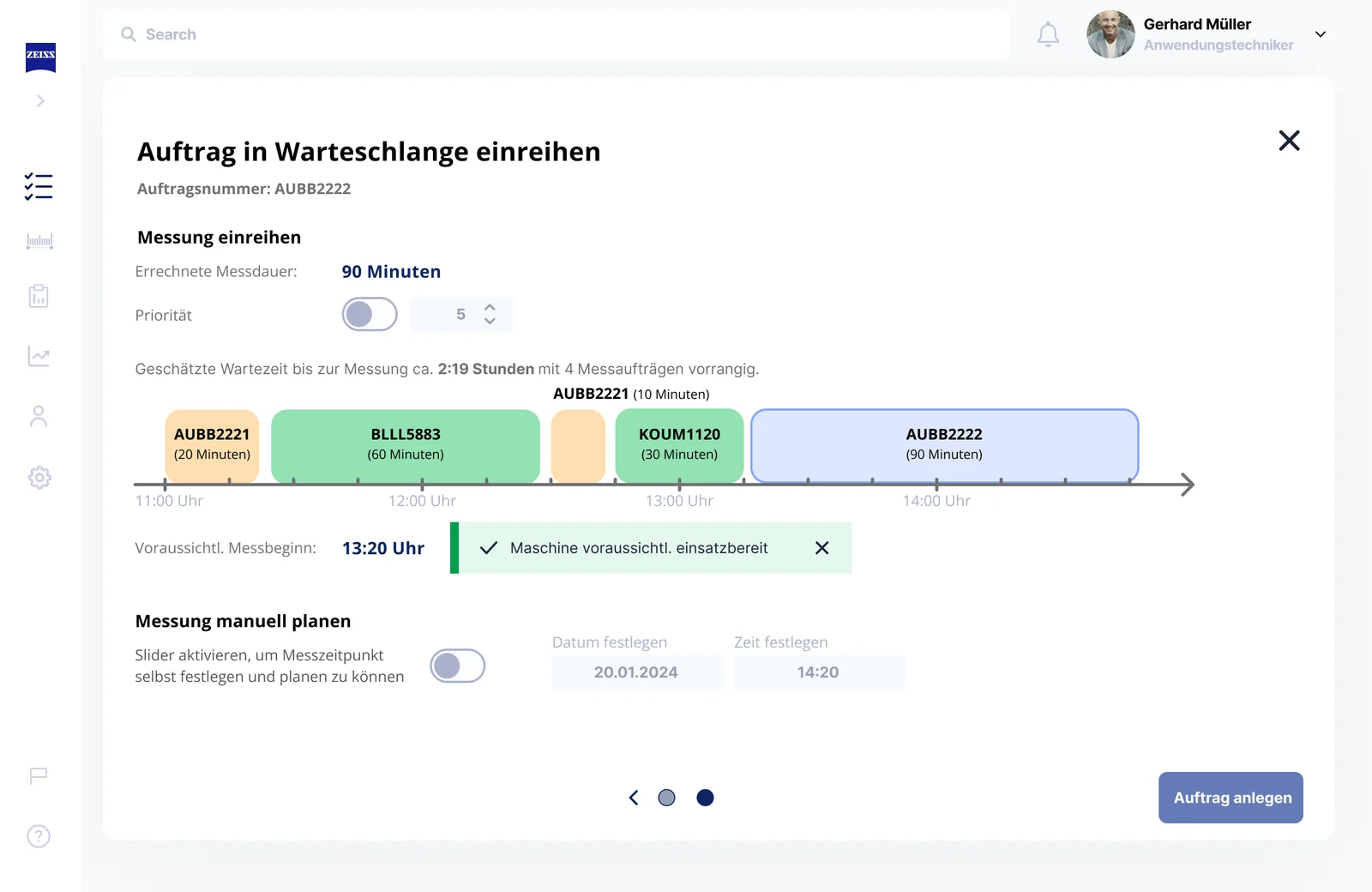 ZeissMeasure scheduling interface places an order on a measurement timeline.